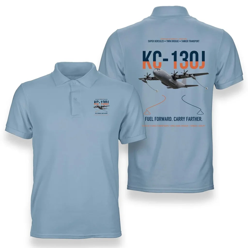 KC-130J SUPER HERCULES design on light blue double-side polo t-shirt, double-side print