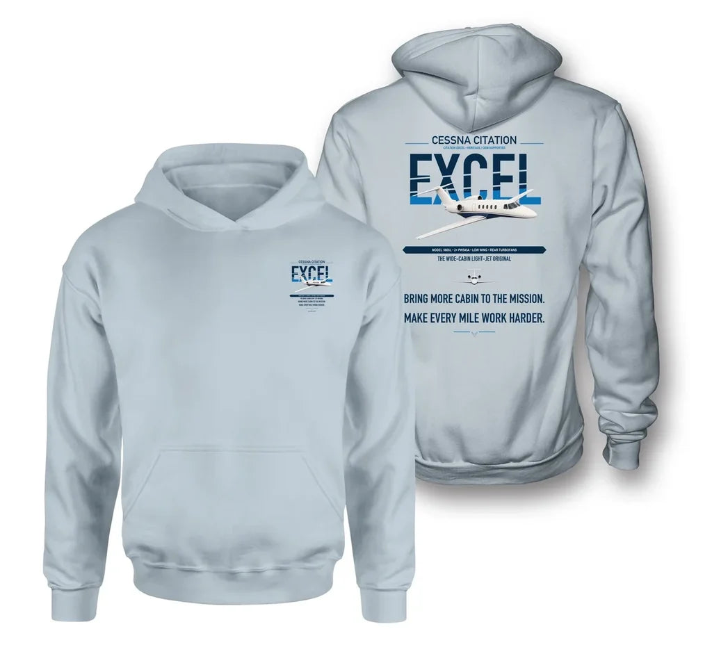Cessna Citation Excel design on light blue double-side hoodie, double-side print