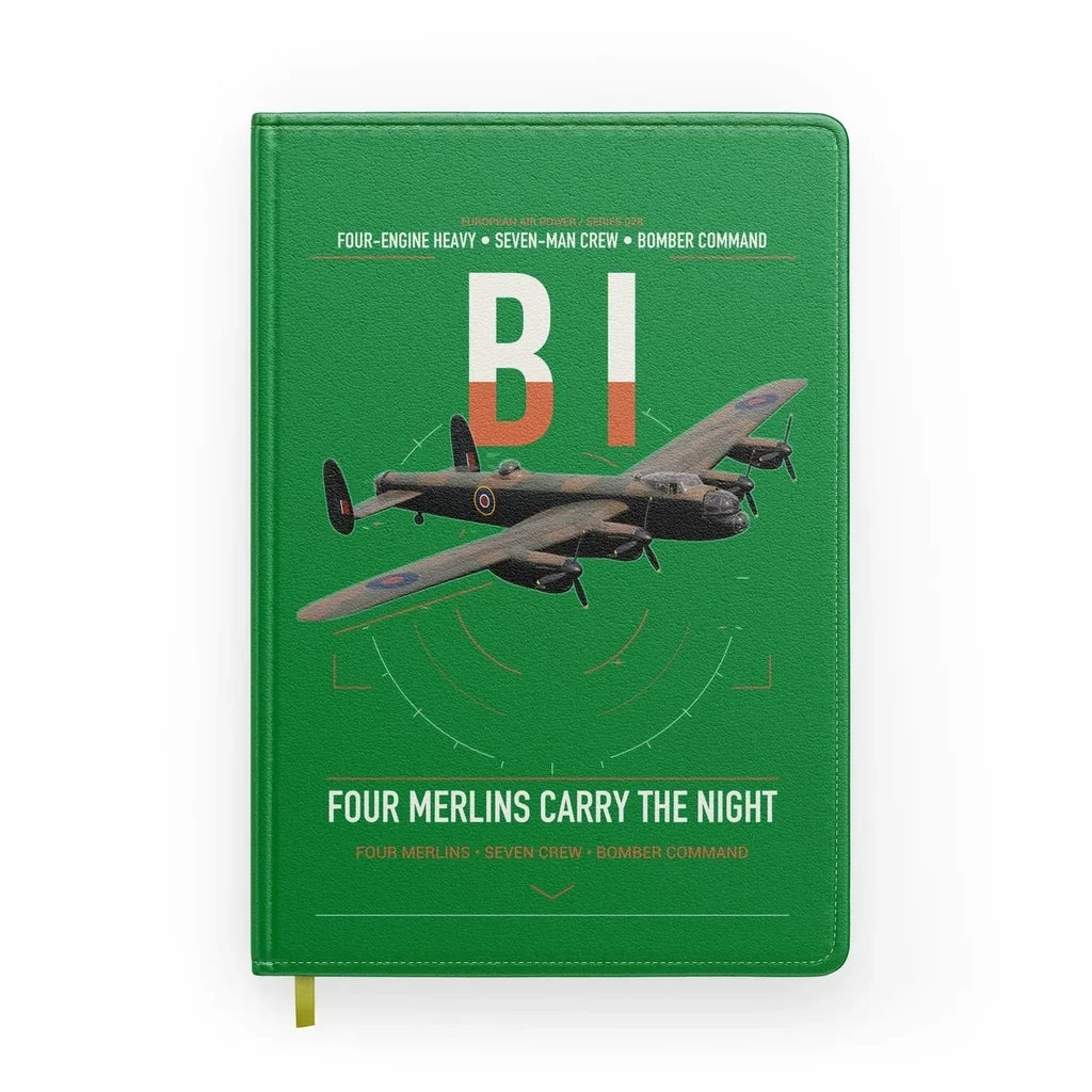 Avro Lancaster B I design on green notebook