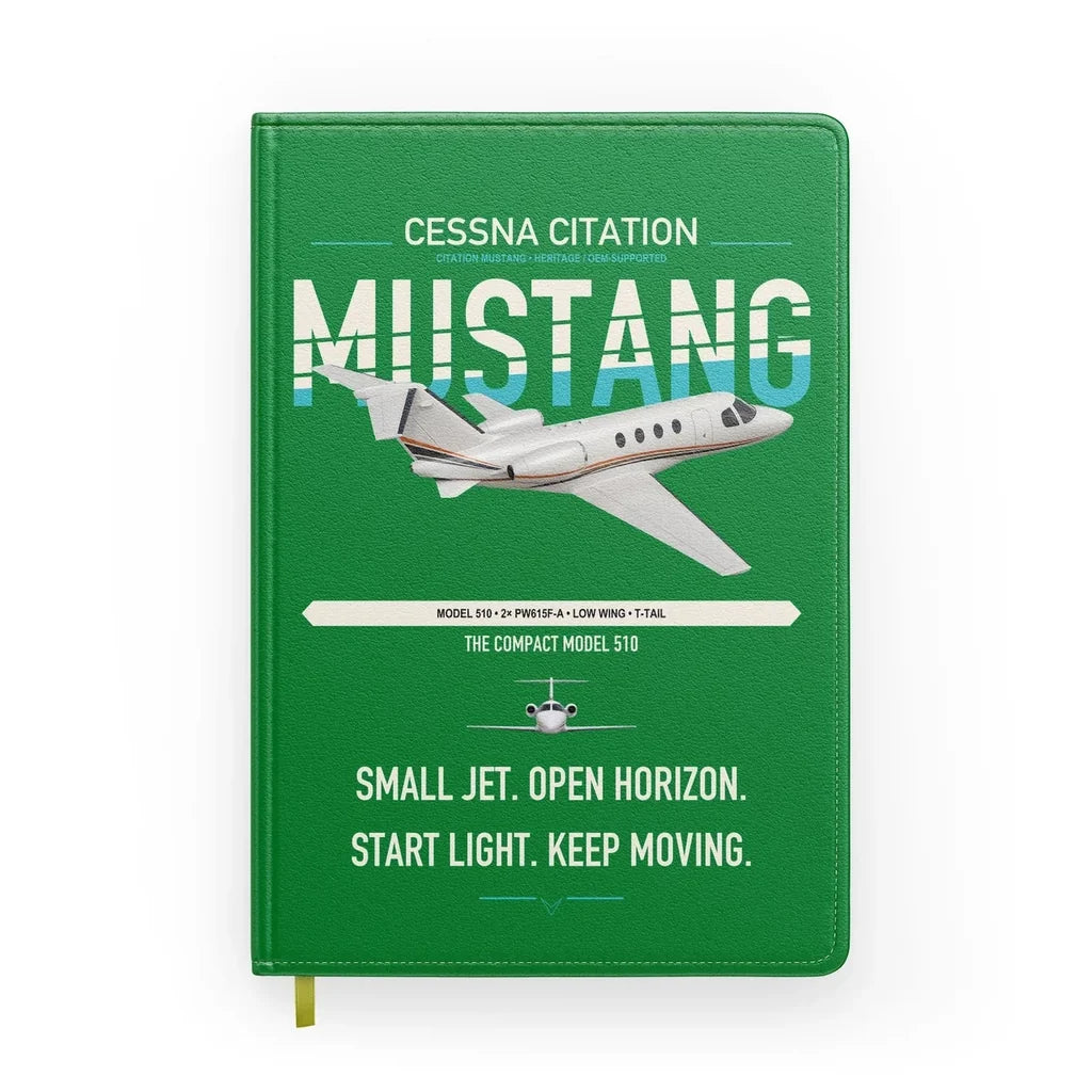 Cessna Citation Mustang design on green notebook