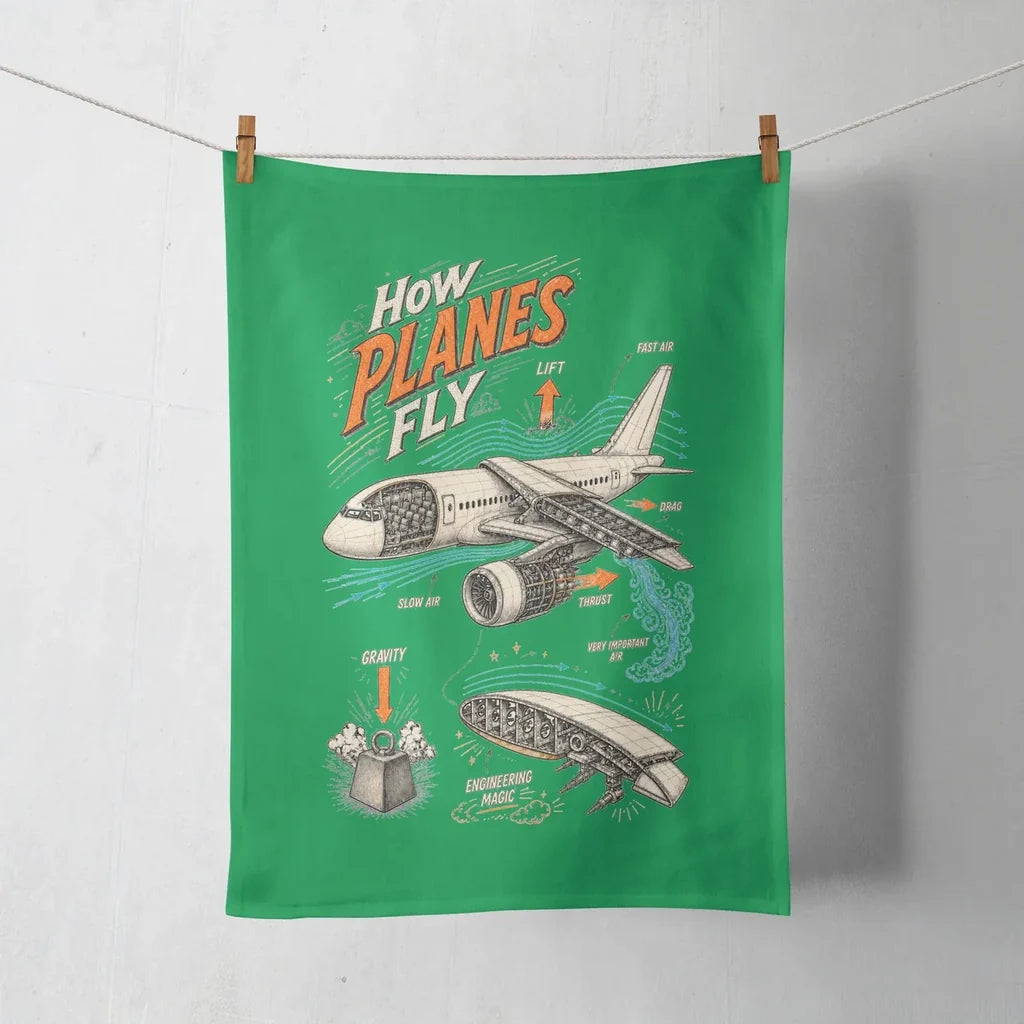 How Planes Fly V2 design on green towel