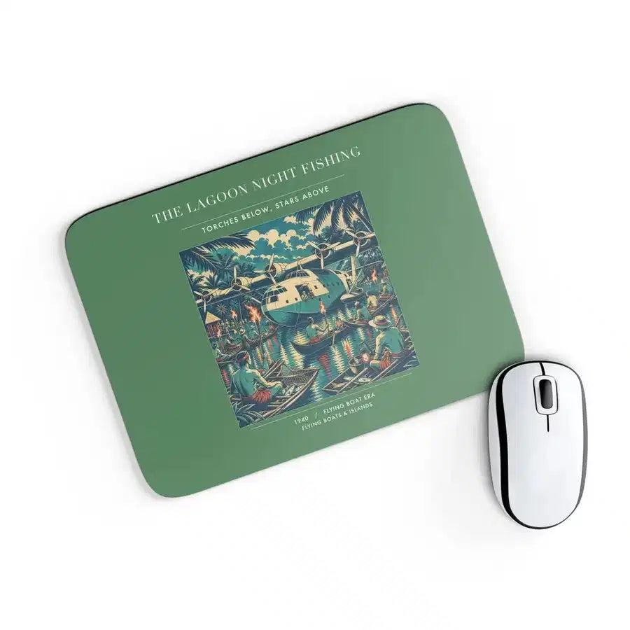VINTAGE G4407 - The Lagoon Night Fishing - Designed Mouse Pads design on green rectangle