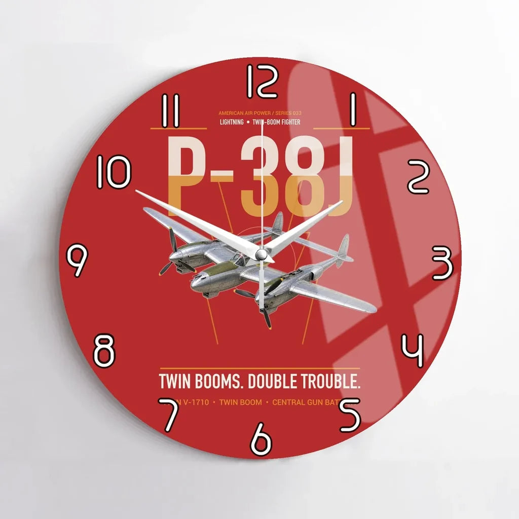 P-38J Lightning design on red no frame wall clock