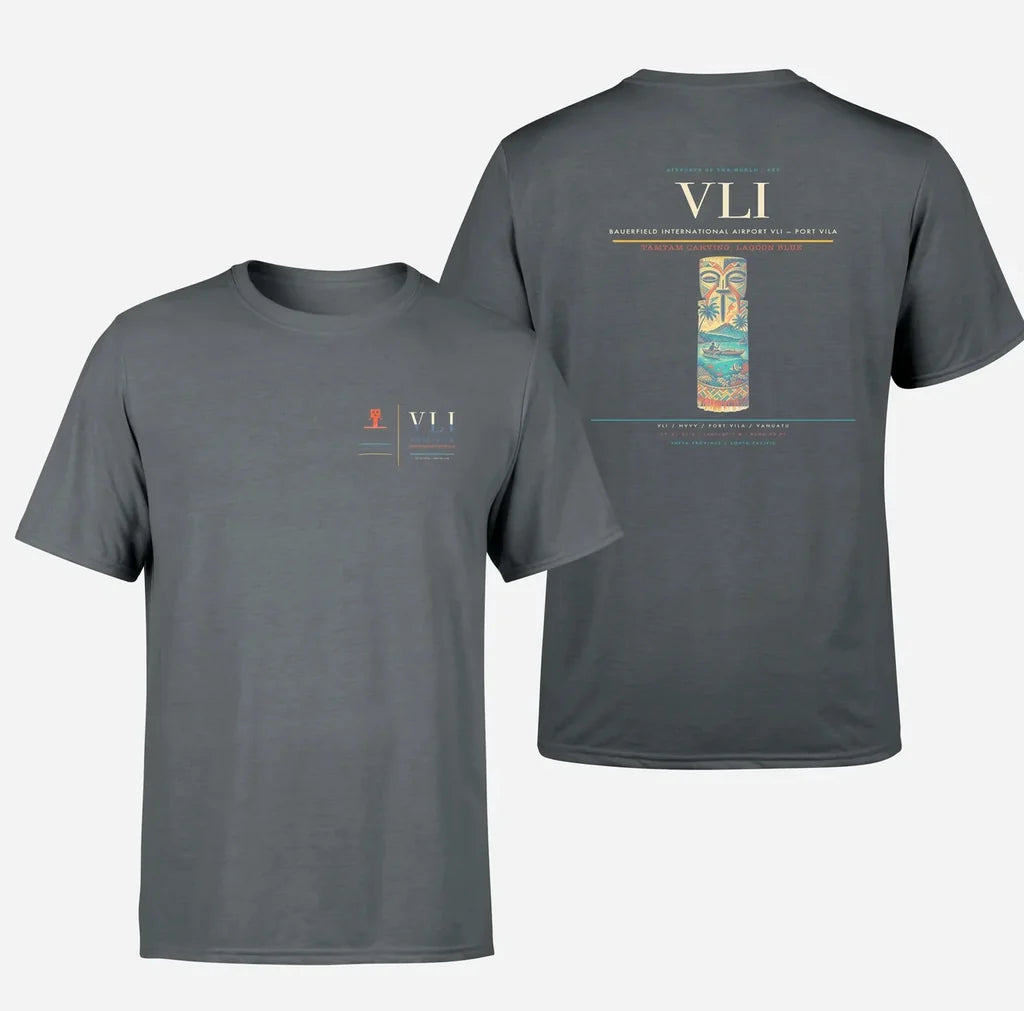 Bauerfield International Airport (VLI) design printed on gray double-side t-shirt