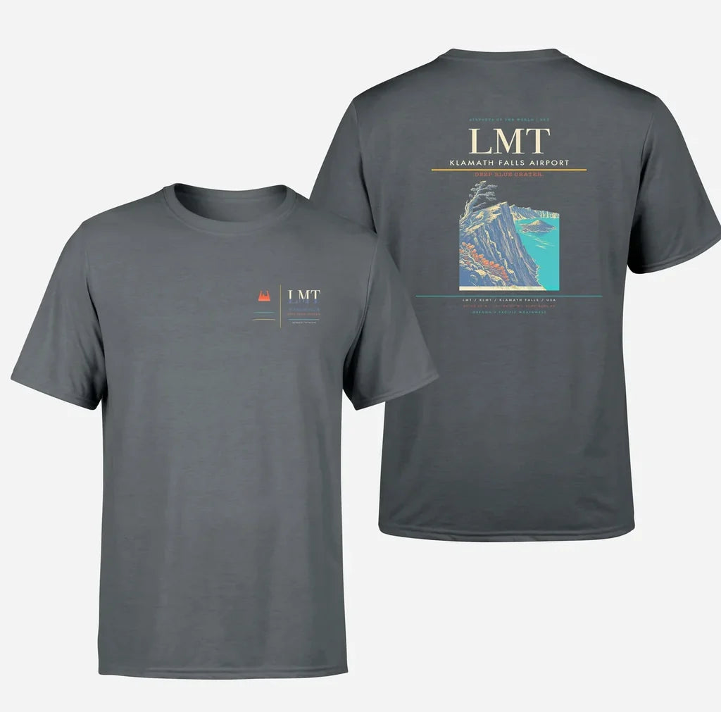 Klamath Falls Airport (LMT) design printed on gray double-side t-shirt