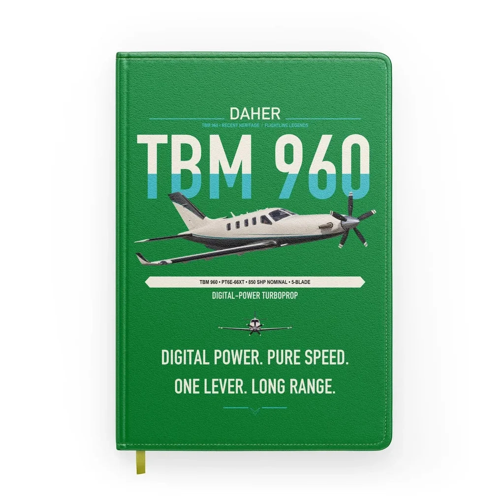 Daher TBM 960 design on green notebook
