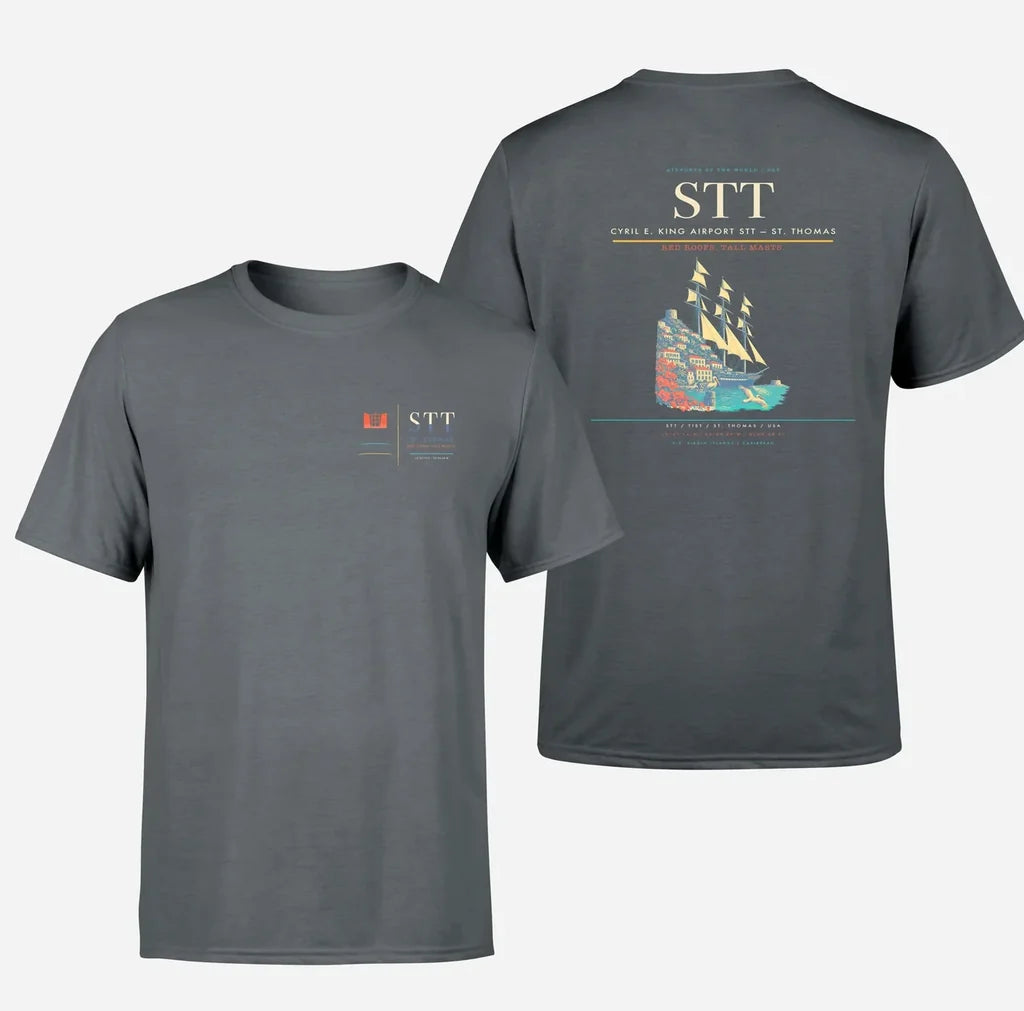 Cyril E. King Airport (STT) design printed on gray double-side t-shirt