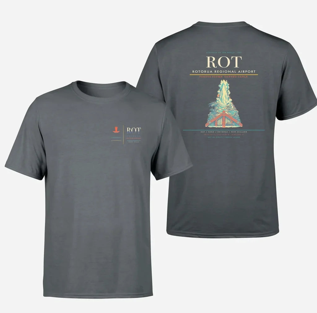 Rotorua Regional Airport (ROT) design printed on gray double-side t-shirt