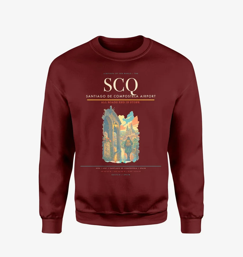 Santiago de Compostela Airport (SCQ) design on wine red sweatshirt