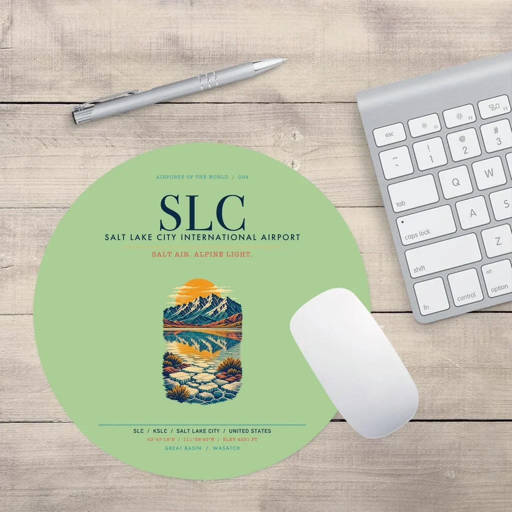 Salt Lake City International Airport (SLC) design on light green round mouse pad