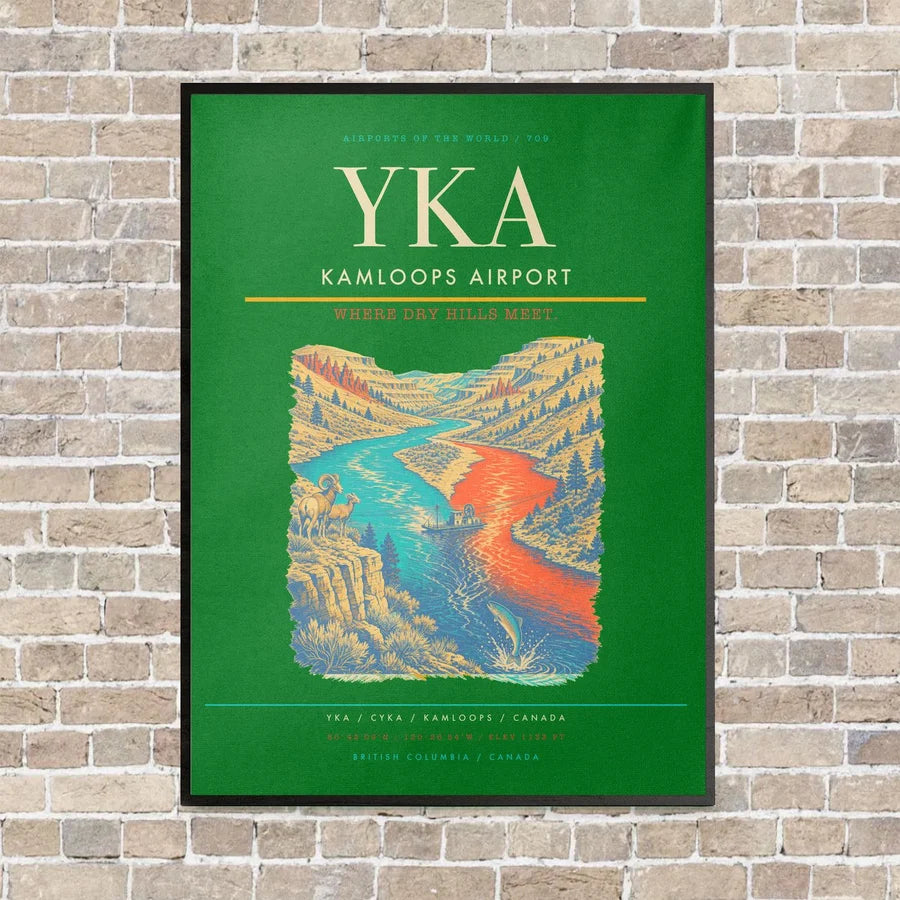 Kamloops Airport YKA vertical canvas print - framed - green background