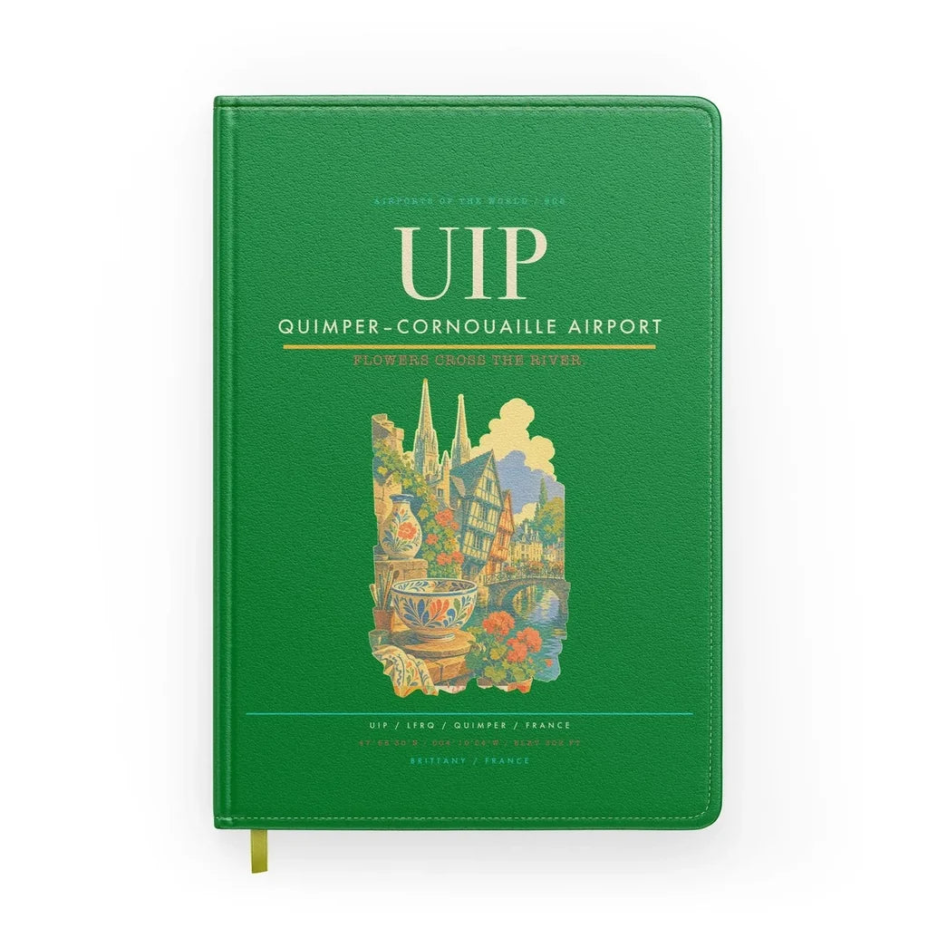 Quimper–Cornouaille Airport (UIP) design on green notebook
