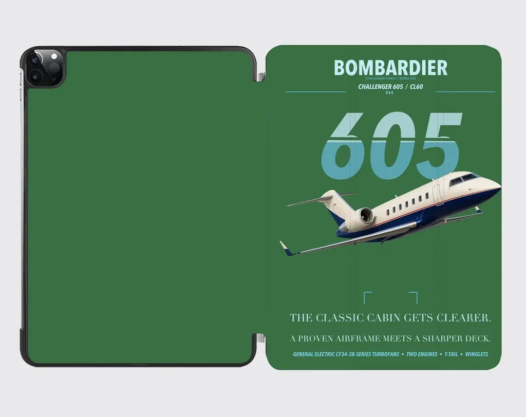 Bombardier Challenger 605 design on green ipad tablet case