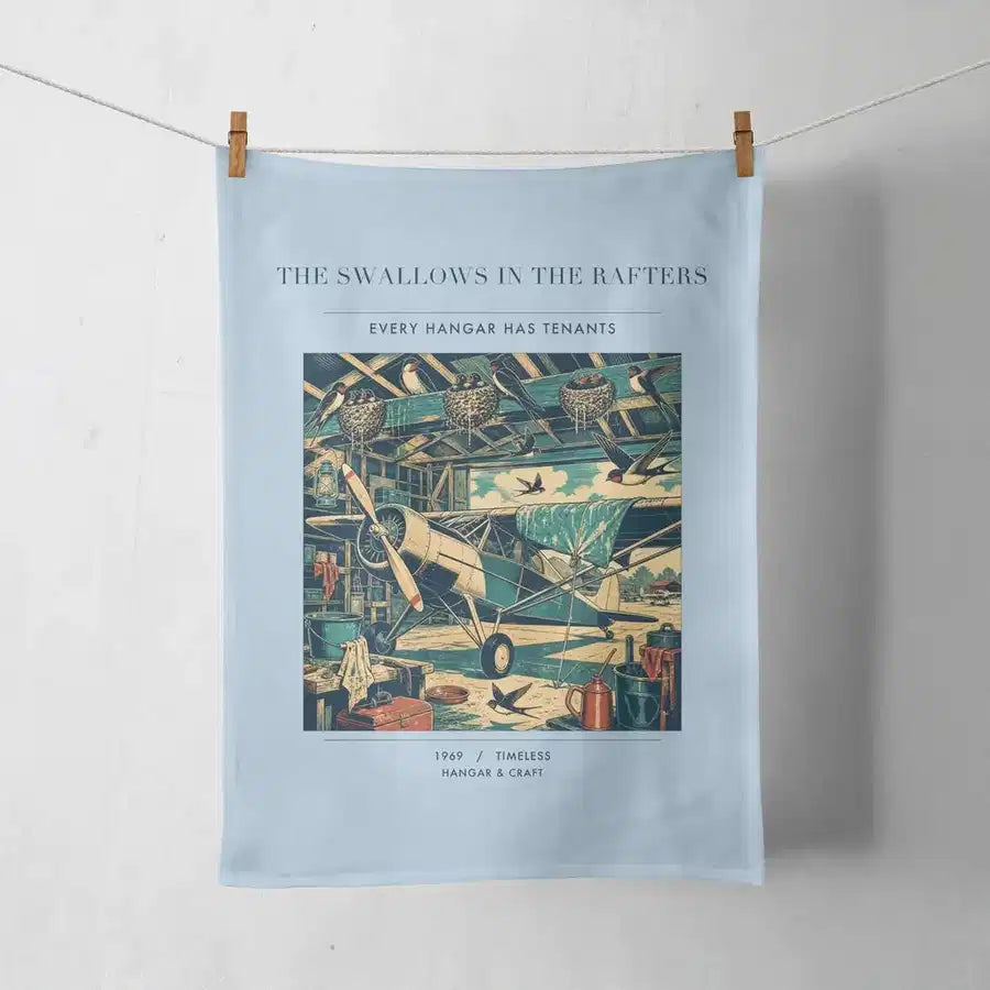 VINTAGE G4269 - The Swallows In The Rafters - Designed Towels design on lightblue