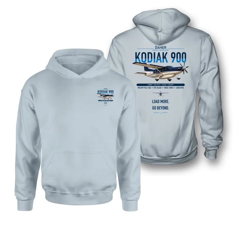Daher Kodiak 900 design on light blue double-side hoodie, double-side print