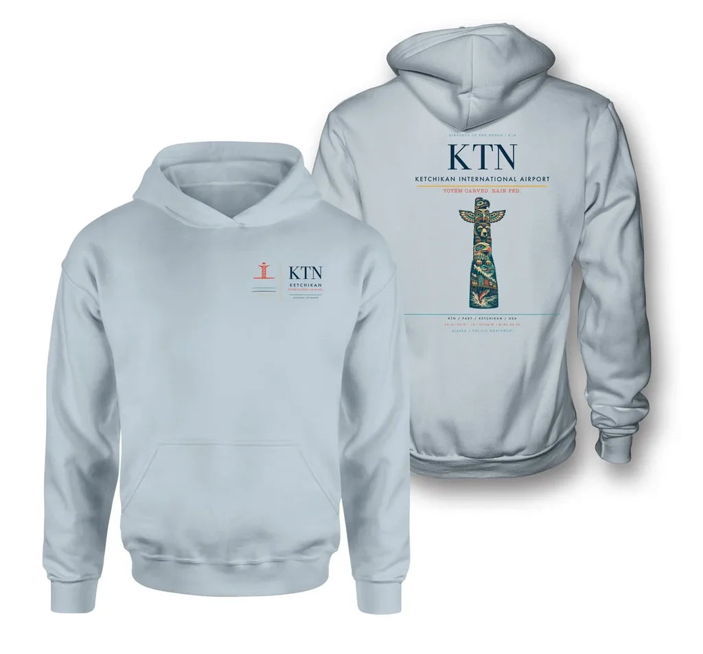 Ketchikan International Airport (KTN) design on light blue double-side hoodie