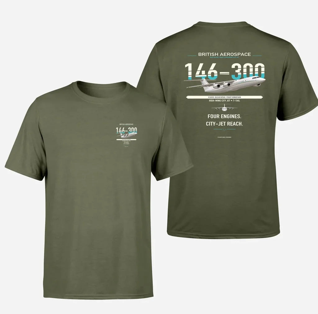 BAe 146-300 design on green army double-side t-shirt, double-side print