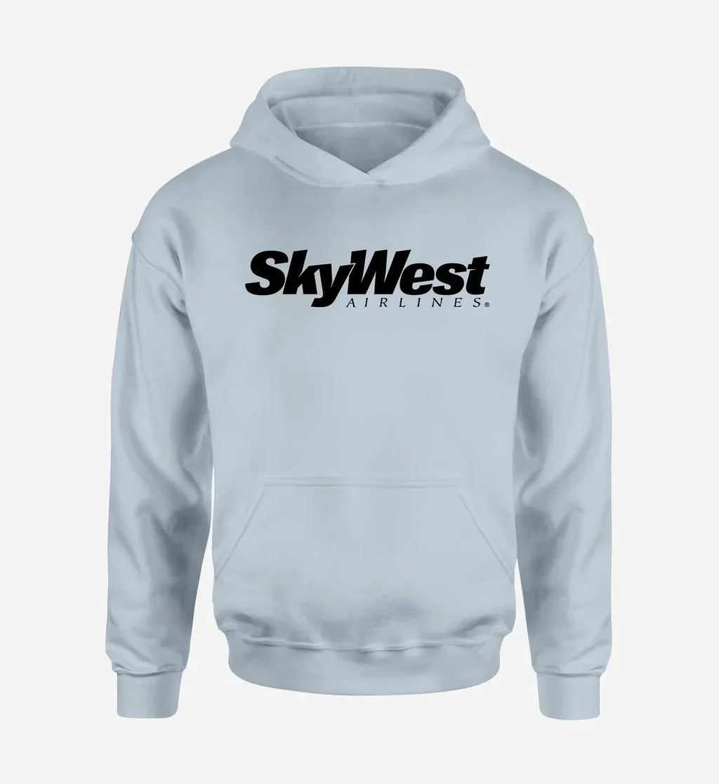 Skywest Airlines logo printed on light blue hoodie