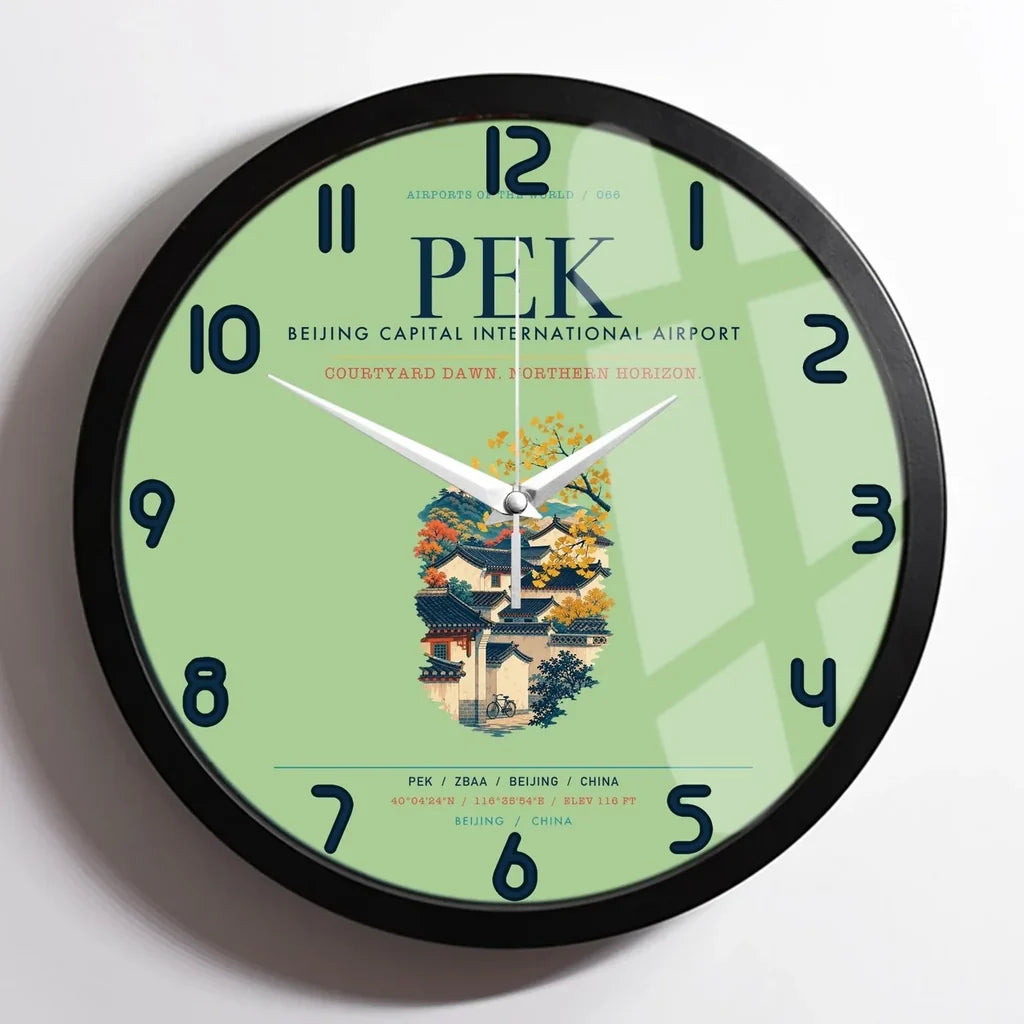 Beijing Capital International Airport (PEK) design on light green framed wall clock