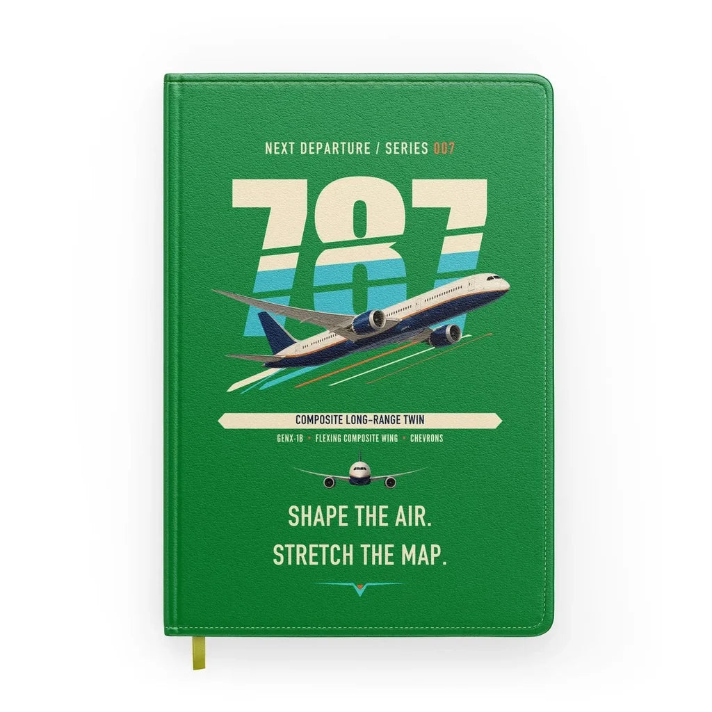 Boeing 787-9 Dreamliner design on green notebook
