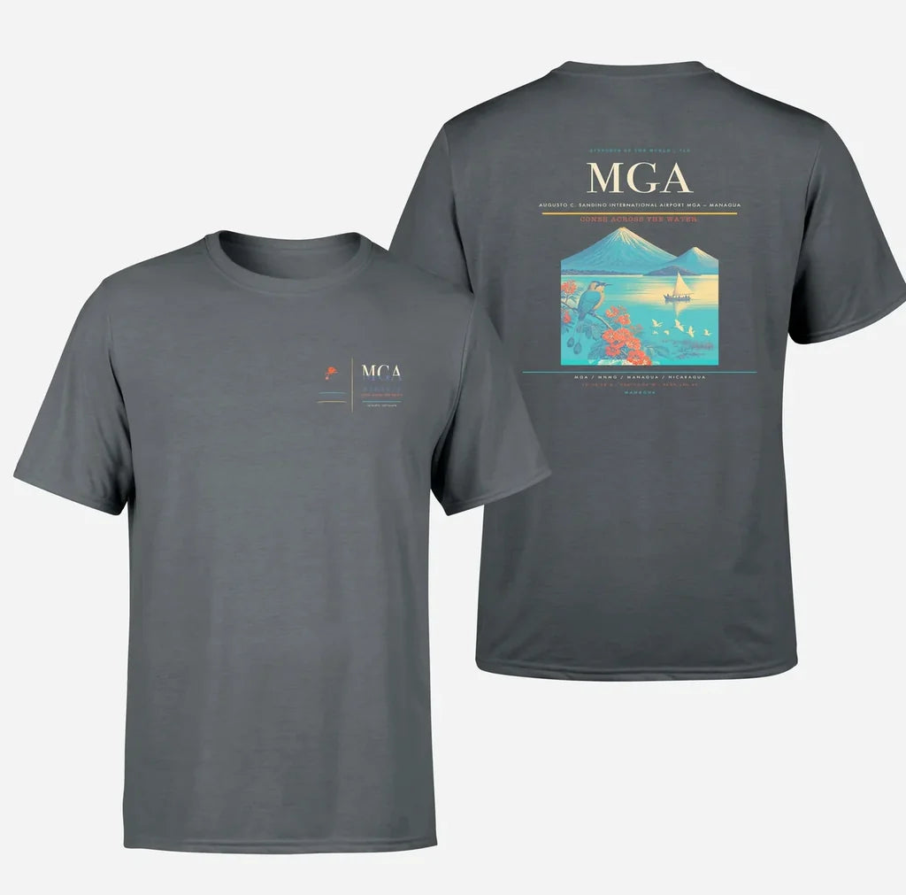 Augusto C. Sandino International Airport (MGA) design printed on gray double-side t-shirt