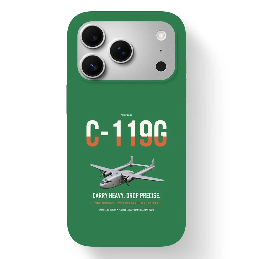 C-119G Flying Boxcar design on green magsafe iphone case, for iPhone 17 Pro