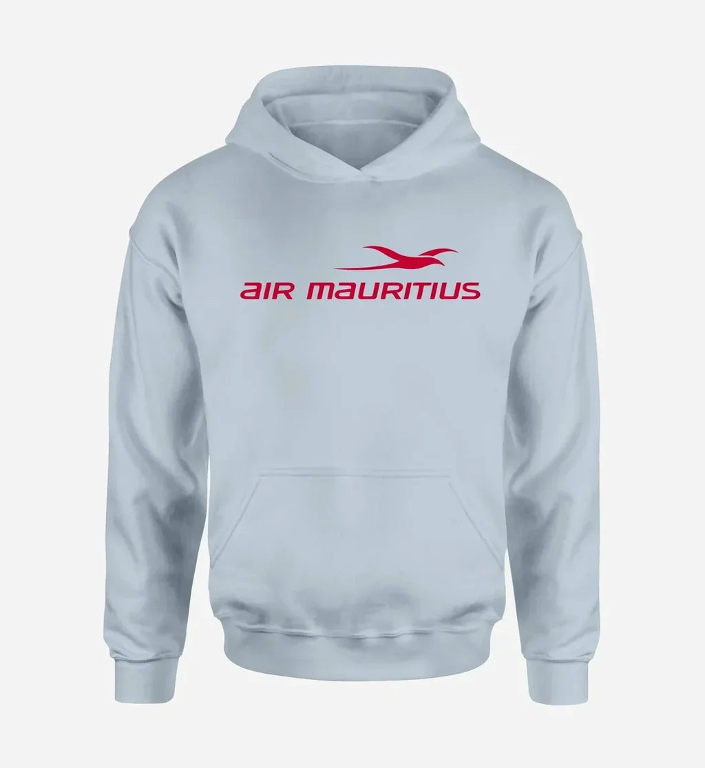 Air Mauritius Airlines logo printed on light blue hoodie