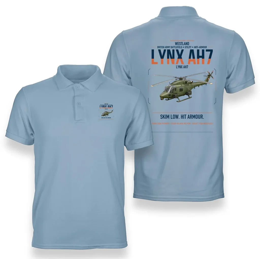 Westland Lynx AH7 design on light blue double-side polo t-shirt, double-side print