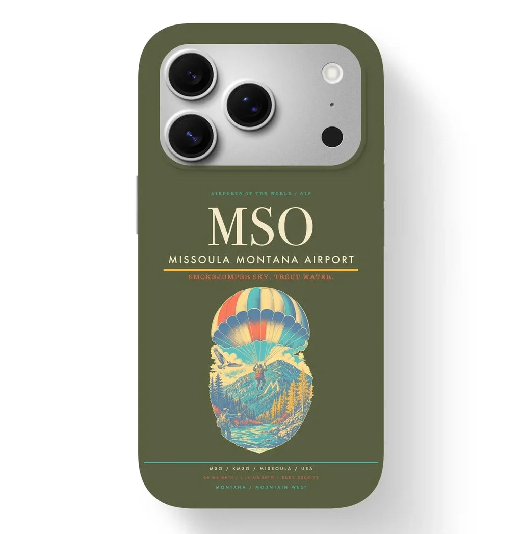 Missoula Airport (MSO) design on green army iPhone 17 Pro MagSafe case