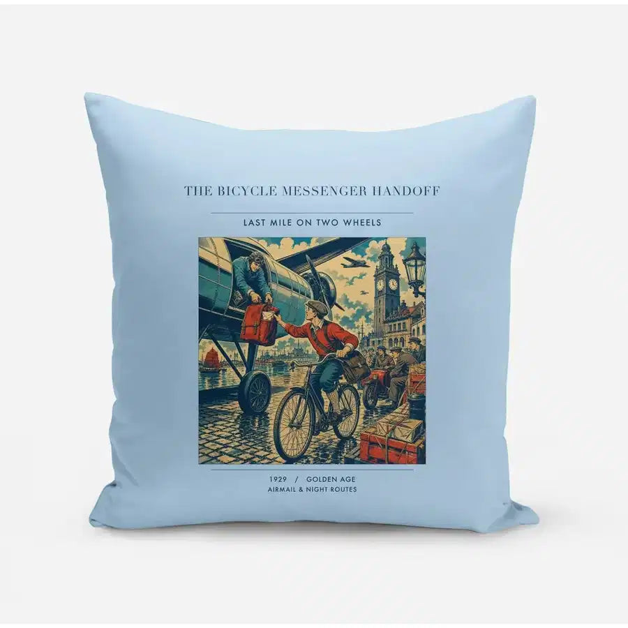 VINTAGE G4311 - The Bicycle Messenger Handoff - Designed Pillows design on lightblue
