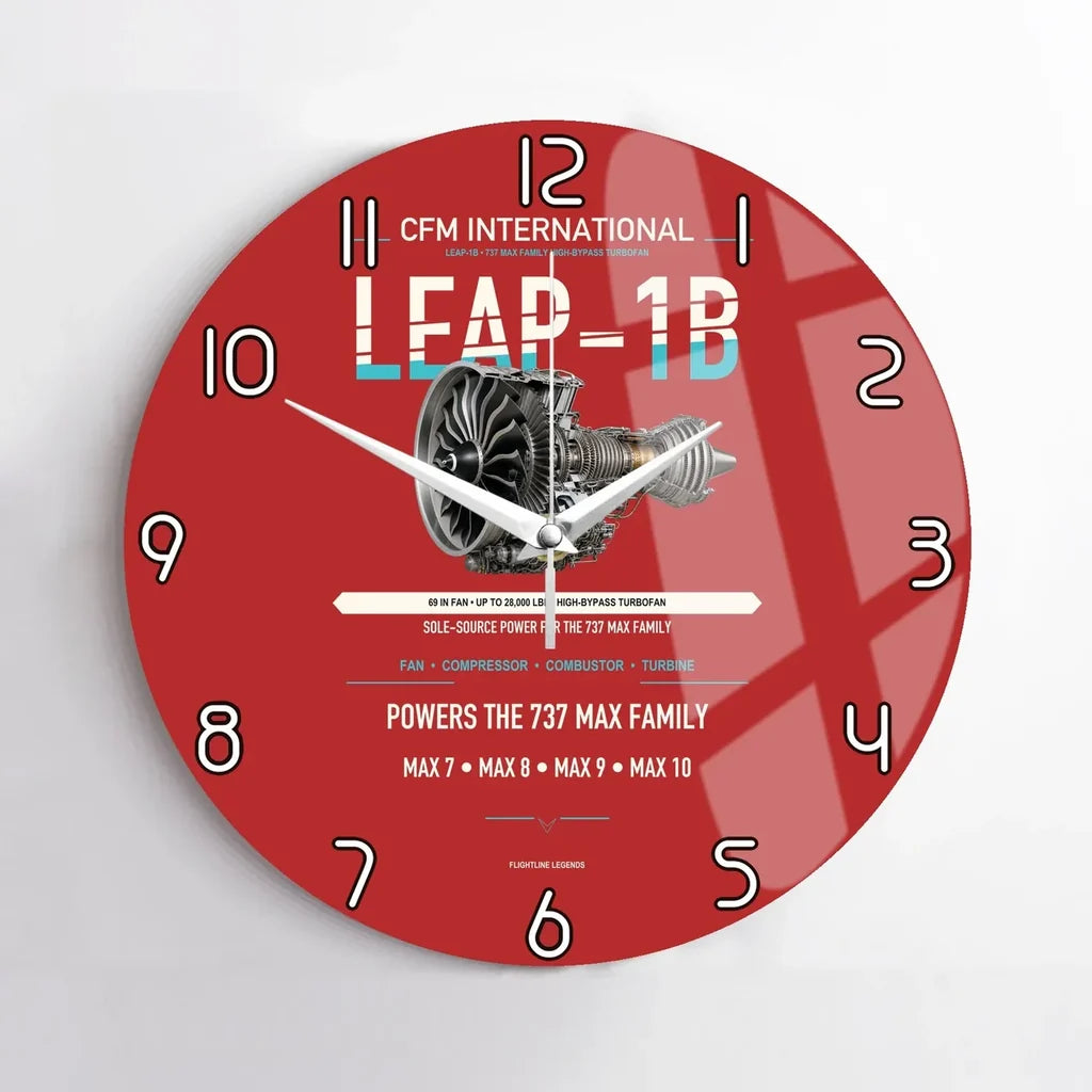 CFM LEAP-1B design on red no frame wall clock