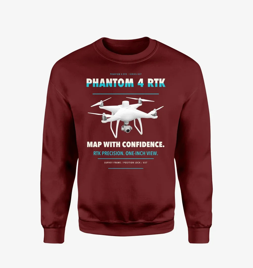 DJI Phantom 4 RTK design on wine red sweatshirt