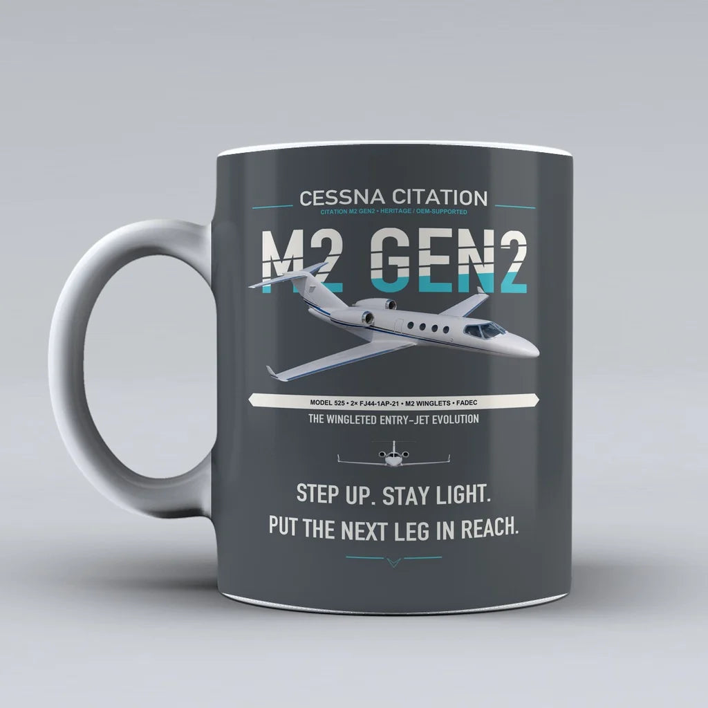 Cessna Citation M2 Gen2 design on gray ceramic mug, double-side print