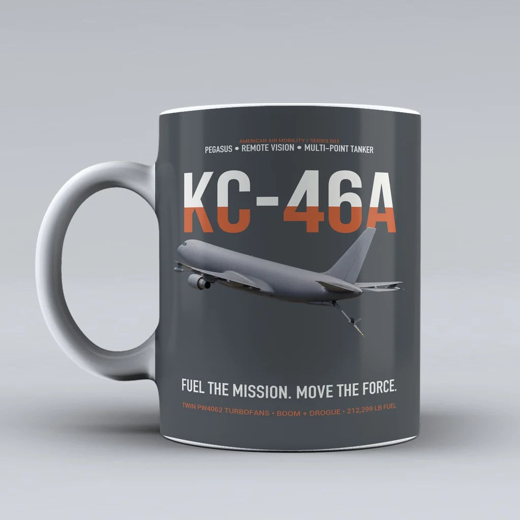 KC-46A PEGASUS design on gray ceramic mug, double-side print