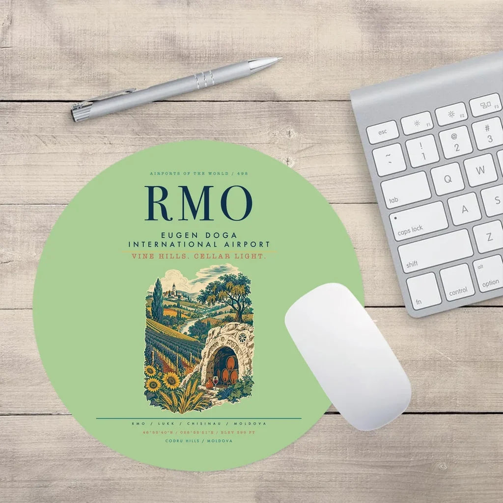 Chisinau Eugen Doga International Airport (RMO) design on light green round mouse pad