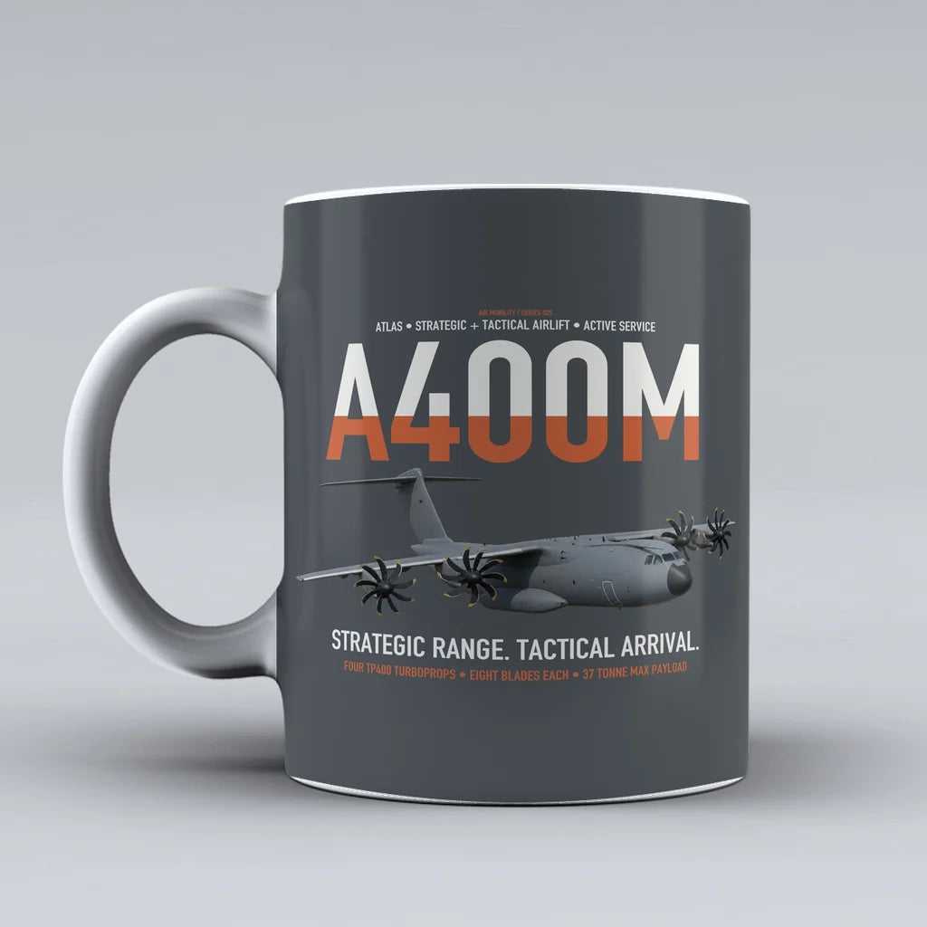 Airbus A400M Atlas design on gray ceramic mug, double-side print