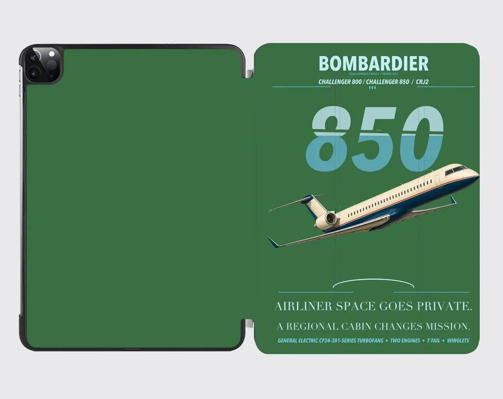 Bombardier Challenger 850 design on green ipad tablet case