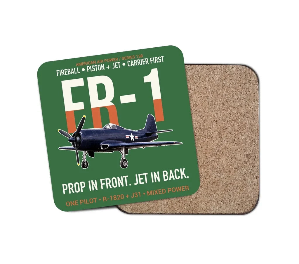 FR-1 Fireball Prop in Front Jet in Back design on green 1 piece coaster