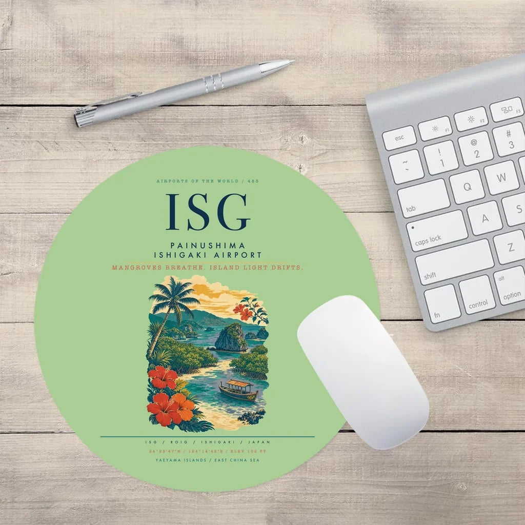 Painushima Ishigaki Airport (ISG) design on light green round mouse pad