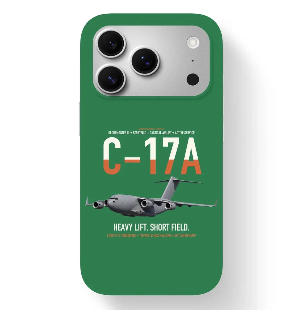 C-17A Globemaster III design on green magsafe iphone case, for iPhone 17 Pro