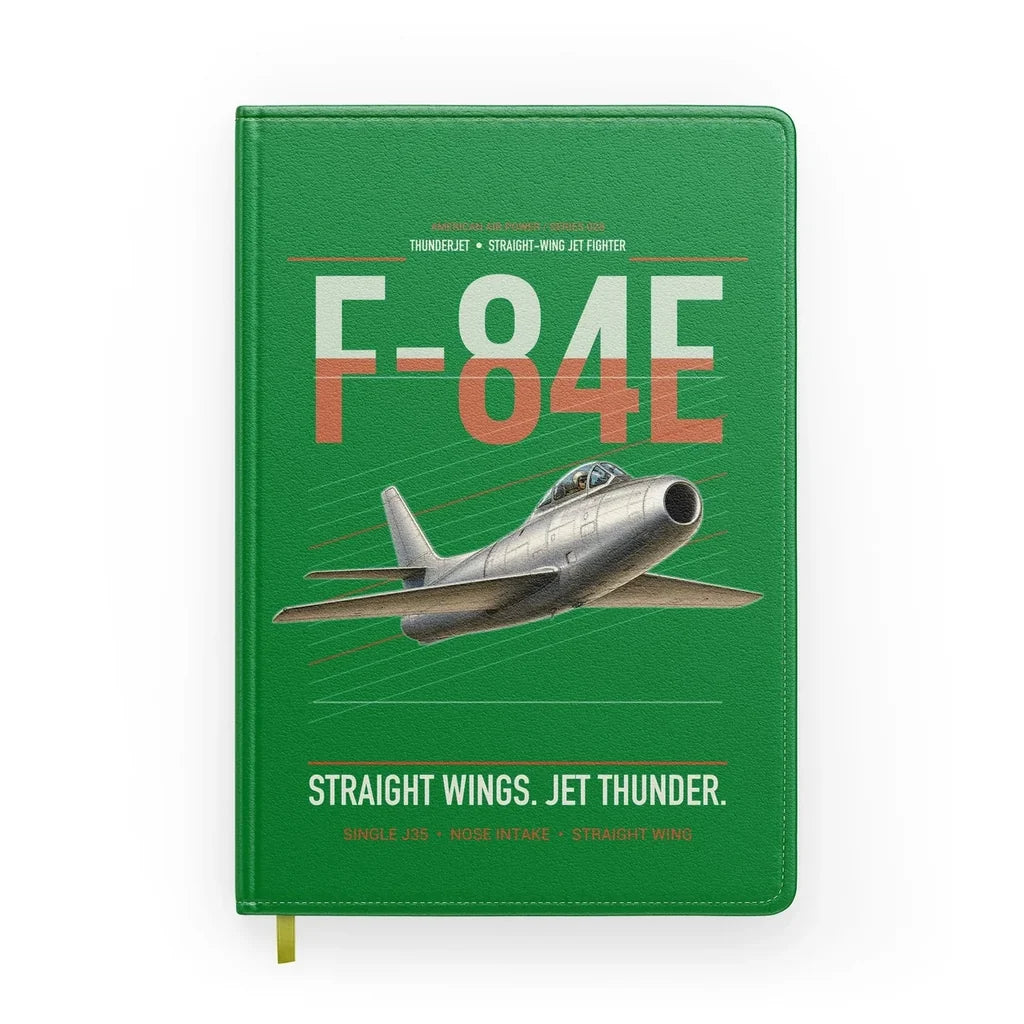 F-84E Thunderjet design on green notebook