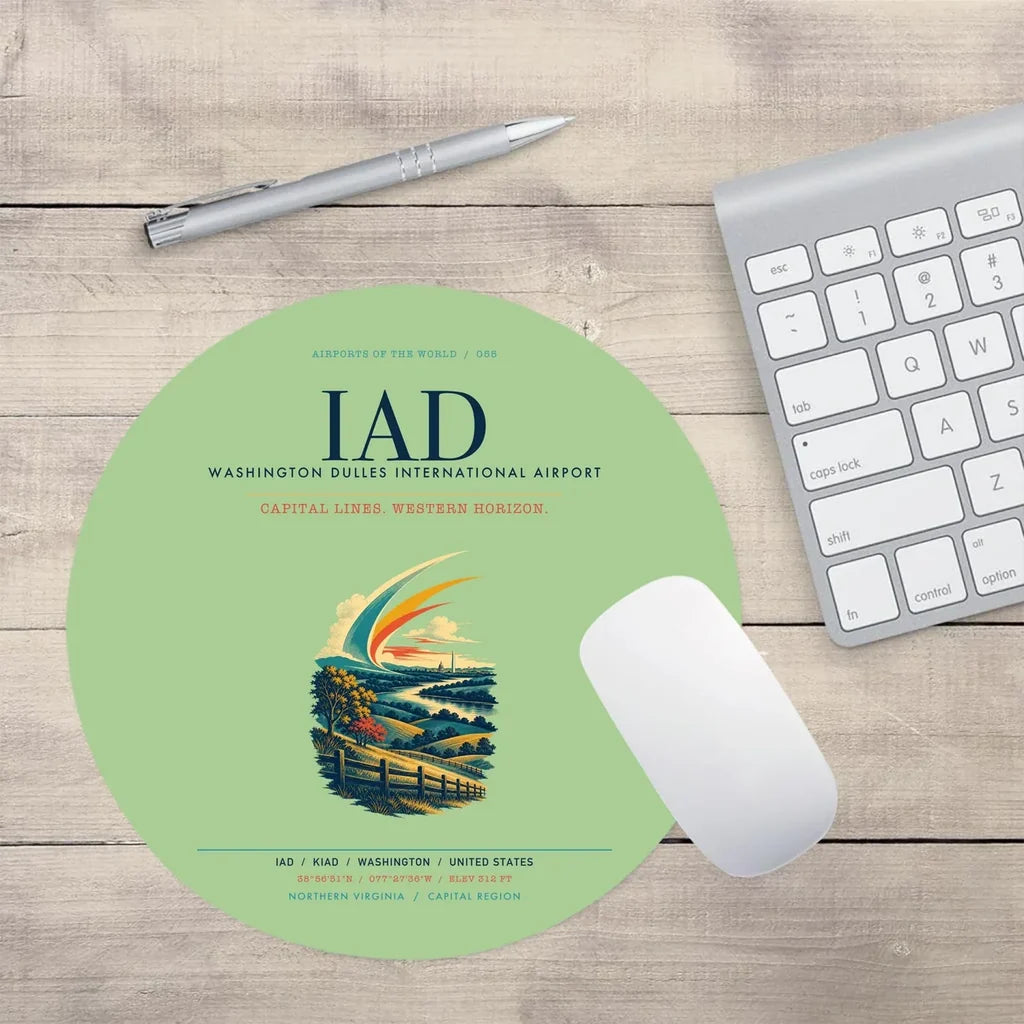 Washington Dulles International Airport (IAD) design on light green round mouse pad