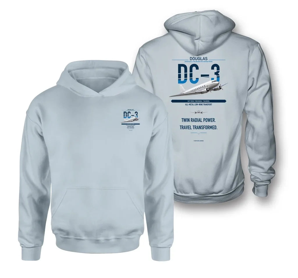 Douglas DC-3 design on light blue double-side hoodie, double-side print