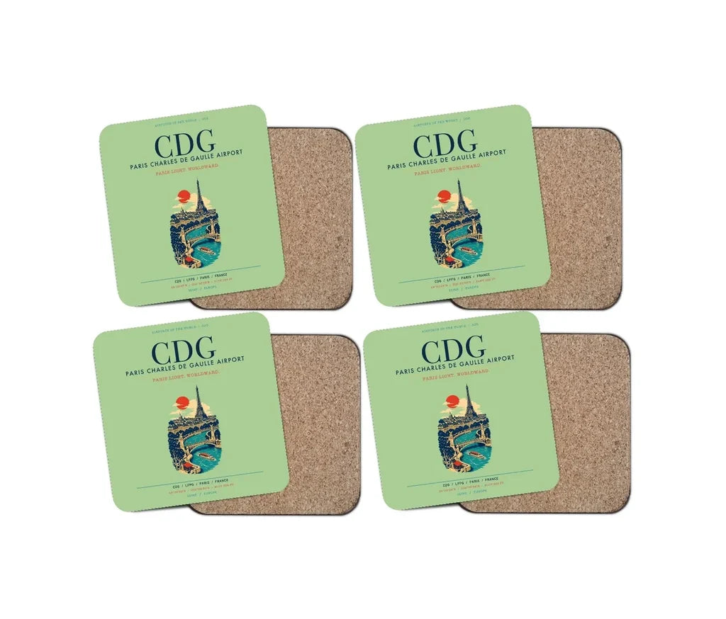 Paris Charles de Gaulle Airport (CDG) design on light green 4 pieces set coaster