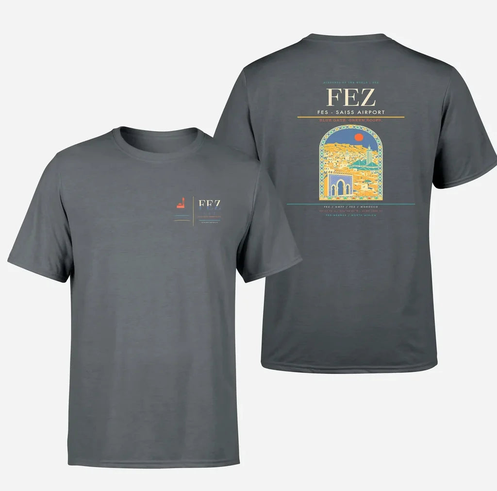 Fes (FEZ) design printed on gray double-side t-shirt