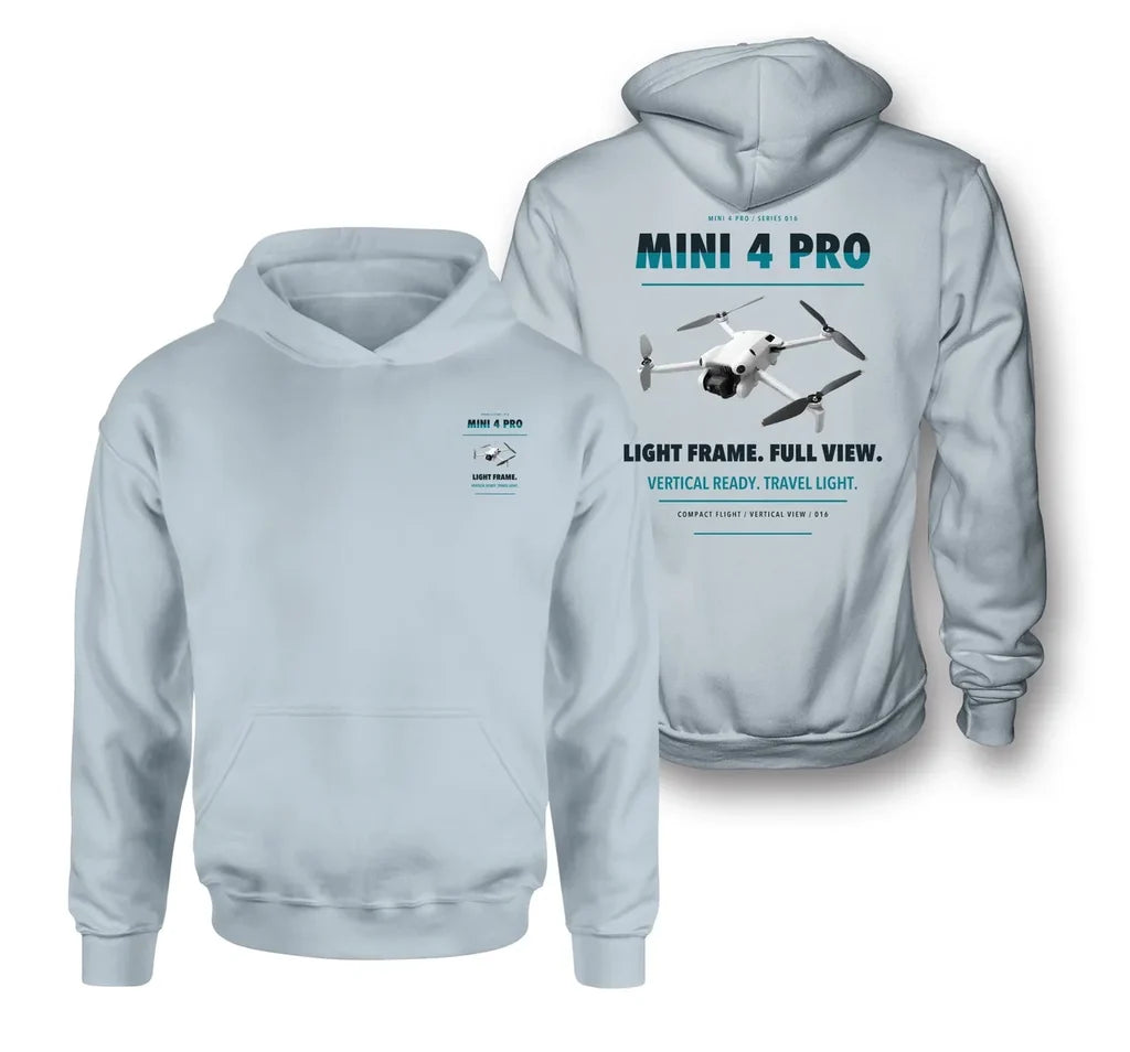 DJI Mini 4 Pro design on light blue hoodie