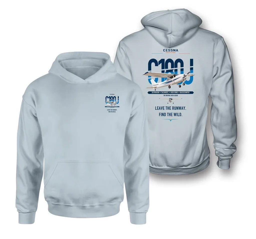 Cessna 180J Skywagon design on light blue double-side hoodie, double-side print