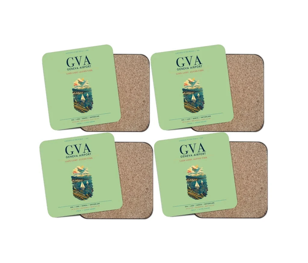 Geneva Airport (GVA) design on light green 4 pieces set coaster