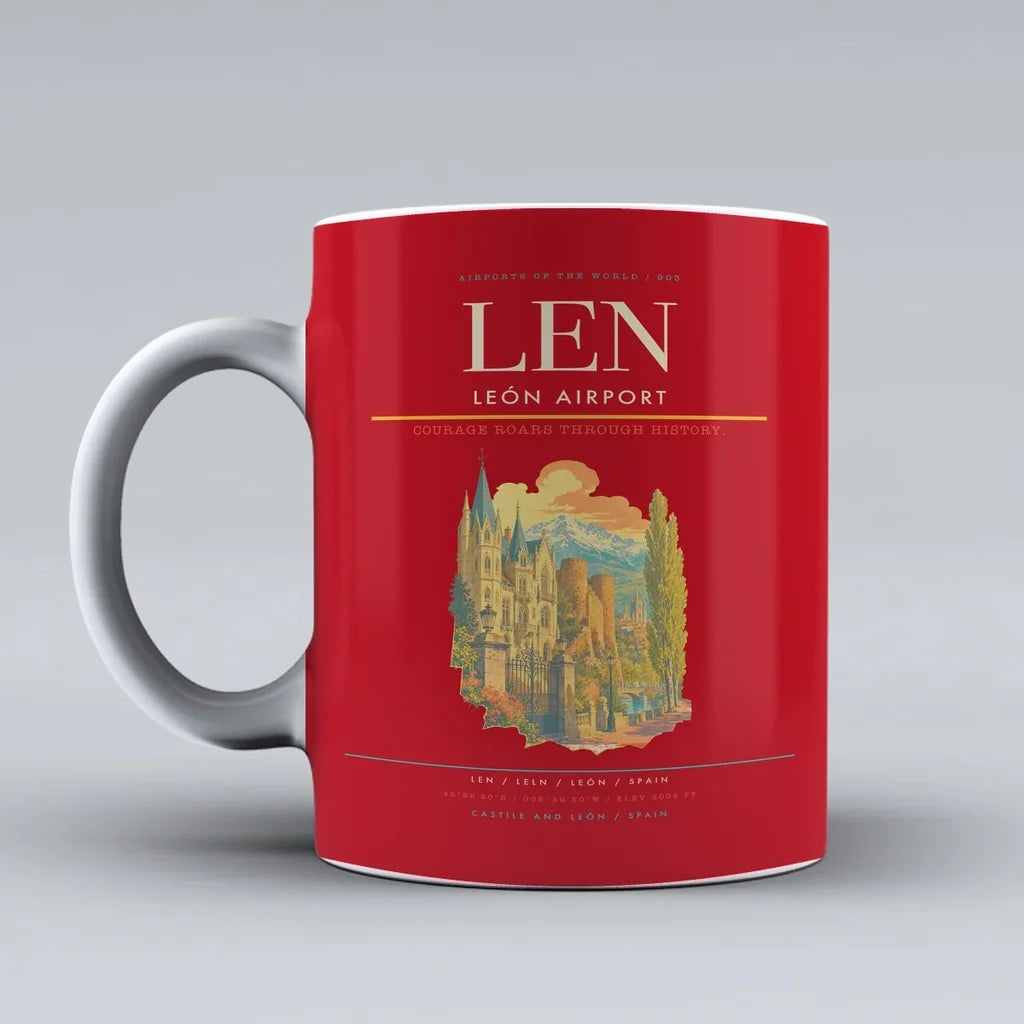 León Airport (LEN) airport code design on red ceramic mug