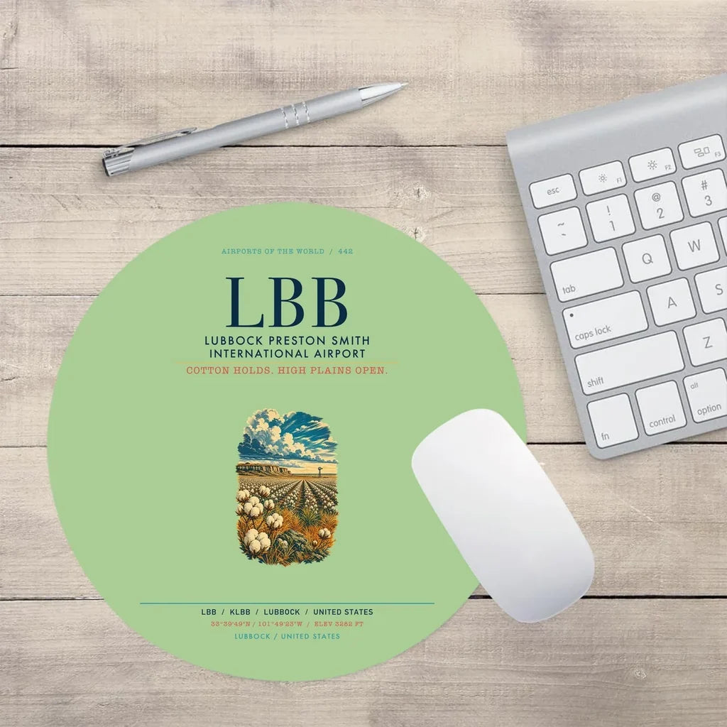 Lubbock Preston Smith International Airport (LBB) design on light green round mouse pad